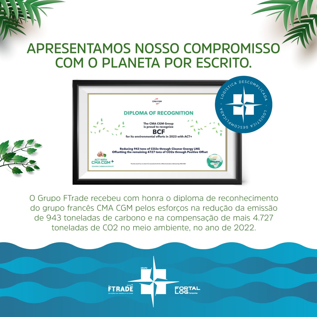 Diploma de reconhecimento dos esforços ambientais do Grupo FTrade: